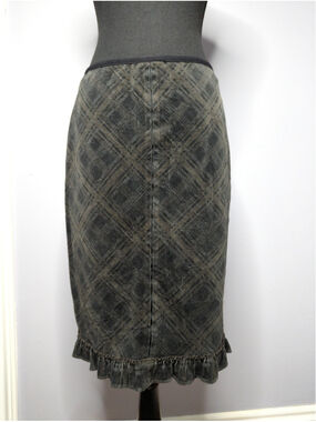 Free People Corduroy Pencil Skirt Plaid Ruffle Hem Size 8 Black Gray